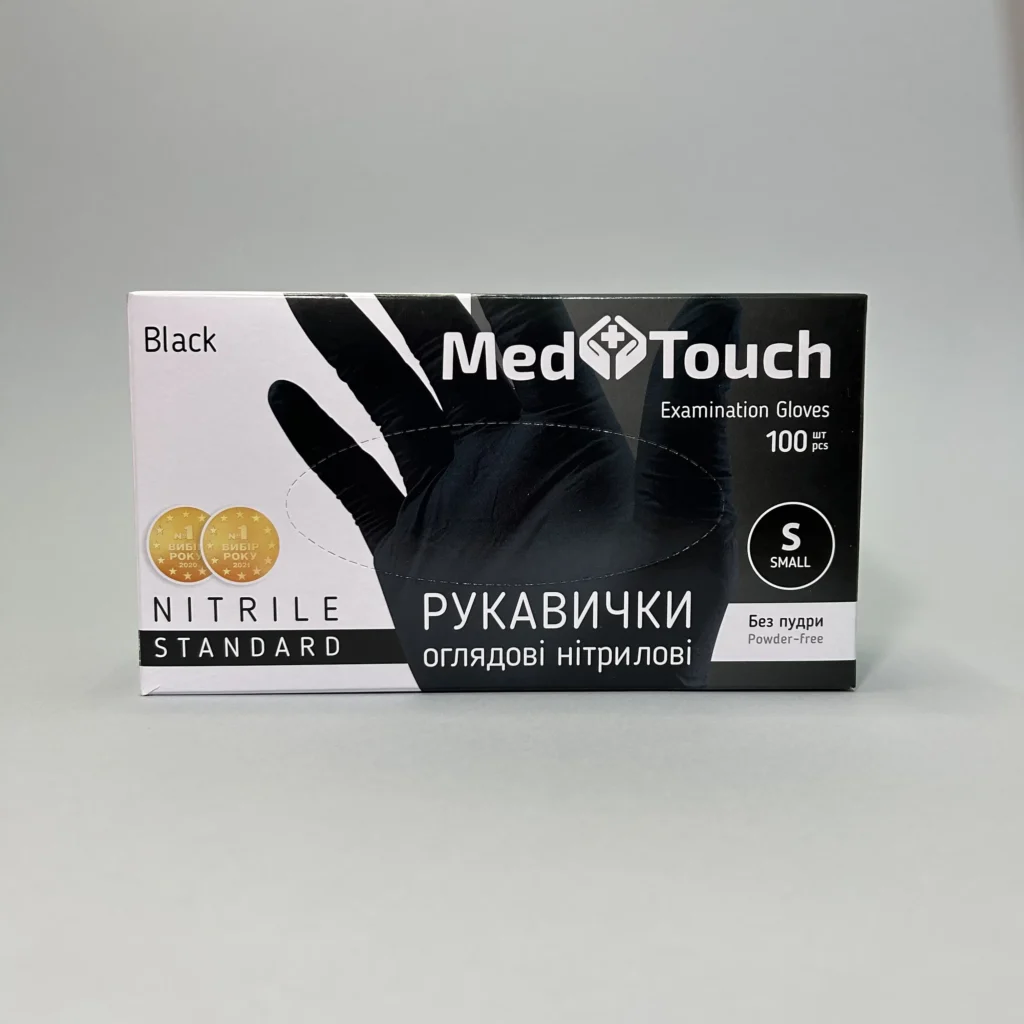 Упаковка сто штук чорних нітрилових оглядових рукавичок розміру ес