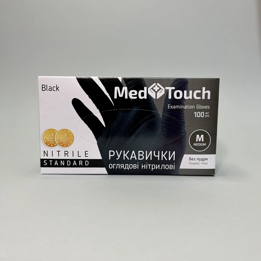 Упаковка сто штук чорних нітрилових оглядових рукавичок розміру ем
