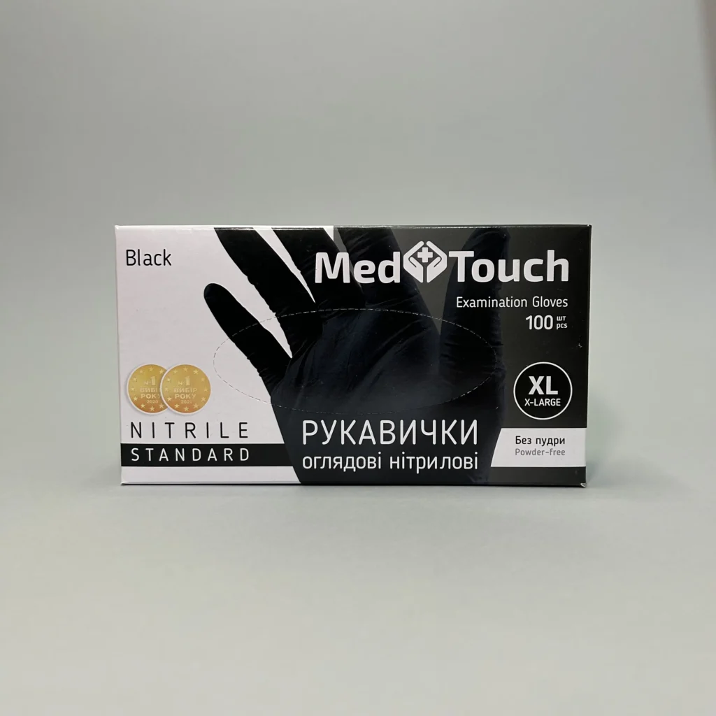 Упаковка сто штук чорних нітрилових оглядових рукавичок розміру іксель